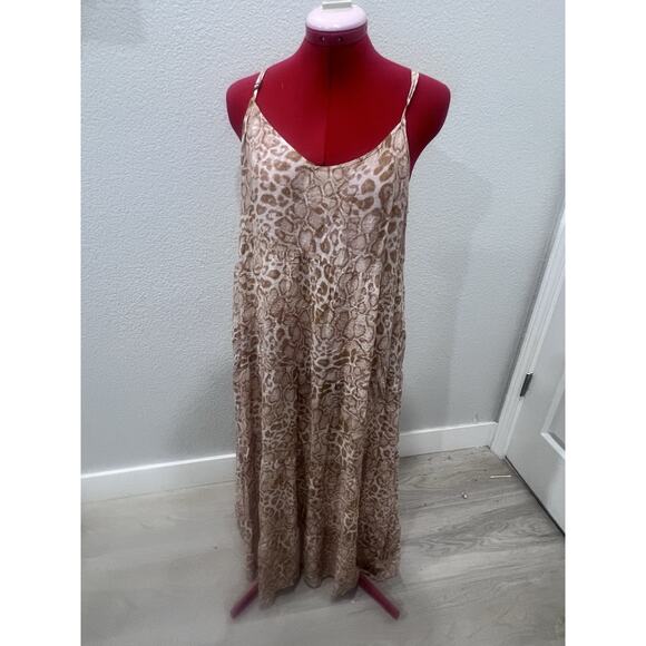 Tiered Maxi Dress Beige Brown Animal Print Sleeveless Casual Summer Beach - Picture 2 of 7